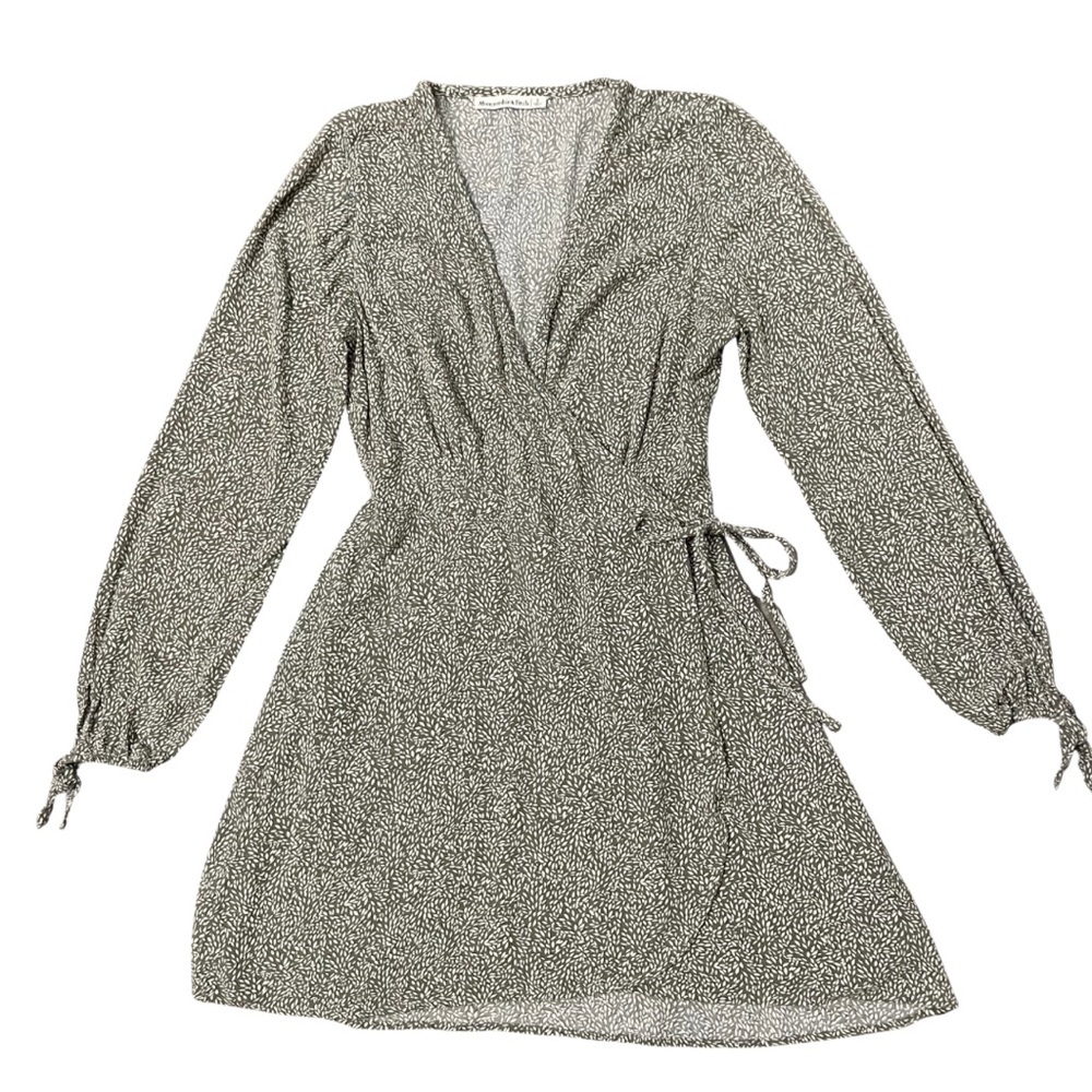 Abercrombie & Fitch Women’s Wrap Mini Dress Long Sleeve Leaf Print Olive Green S - Picture 13 of 13